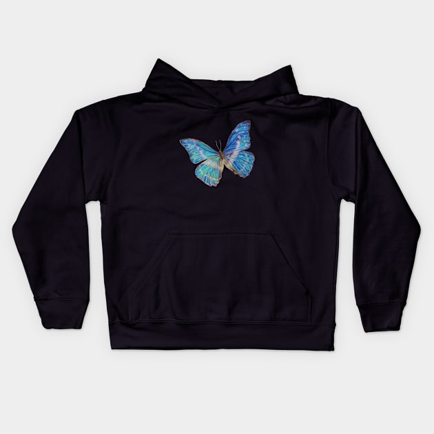 Blue Morpho Butterfly Hyperrealism Colored Pencil Drawing Kids Hoodie by leiriin